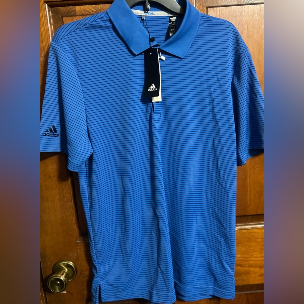 NWT ADIDAS Men's Blue Striped Golf Polo Shirt Size Medium SPF 50